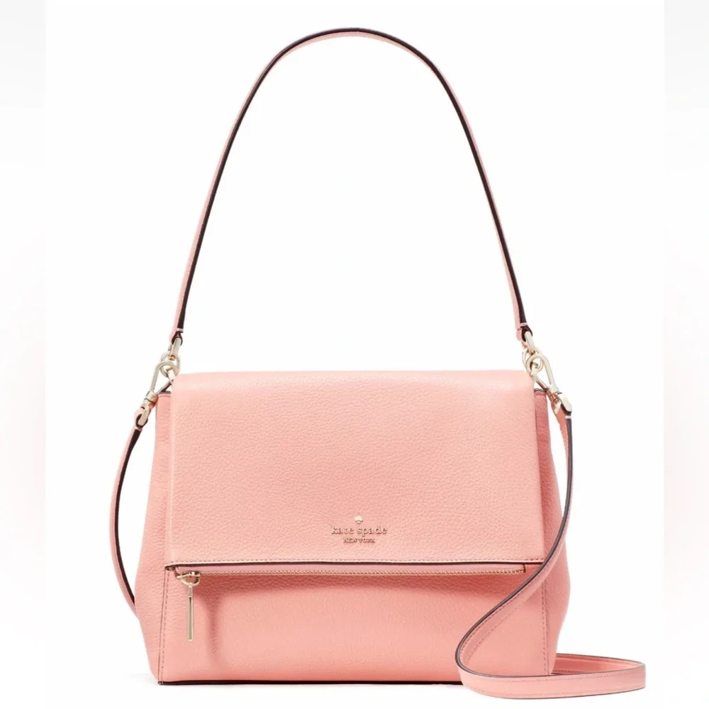 New Kate Spade Leila Pebble Leather Medium Flap Shoulder bag Peachy Rose
